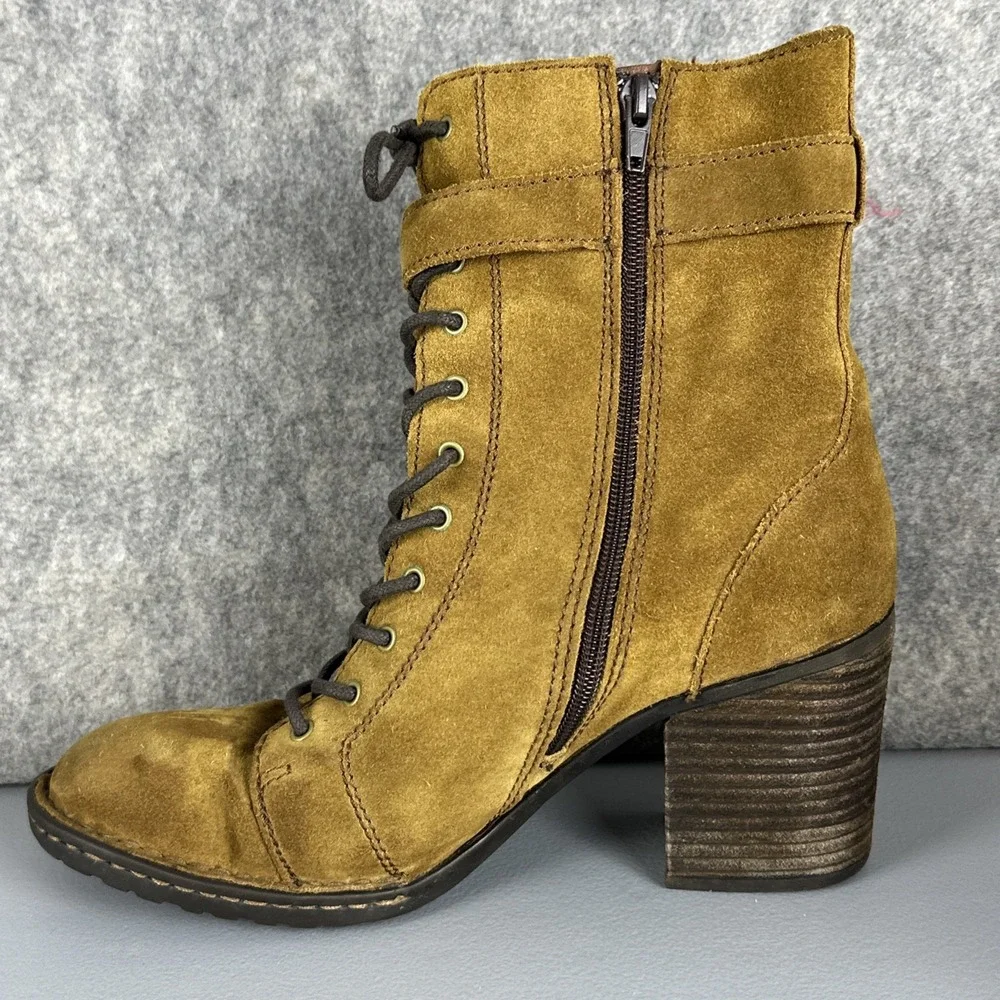 BORN Boots Women's 10 M Brown Cass Suede Block Heel Lace Up & Zip Buckle F34826